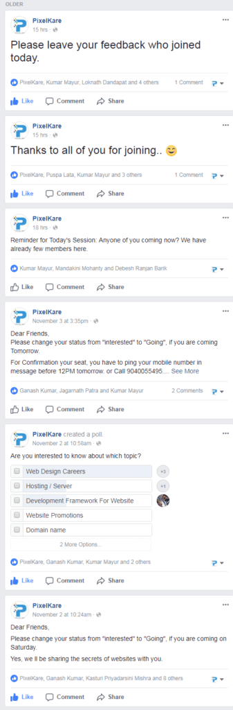 Website Training session Interaction on facebook event page